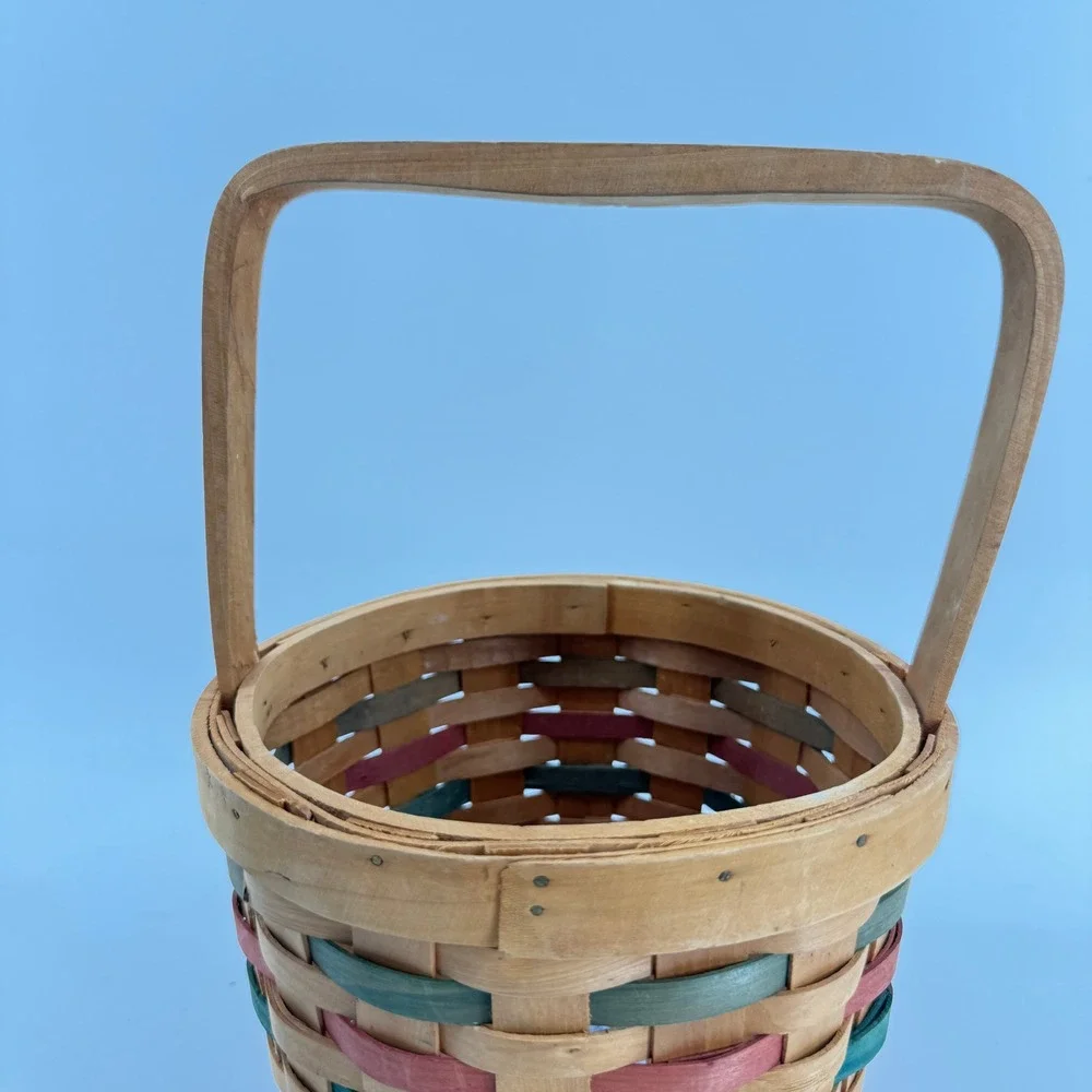 Vintage Woven Wood‎ Basket Small Tan Green Red Farmhouse Decor Handle Easter